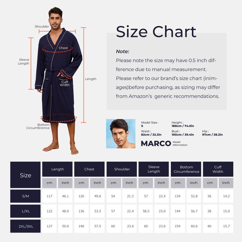 U2SKIIN روب حمام خفيف الوزن من القطن 100% للرجال U2SKIIN (أسود، L/XL) - Image 5